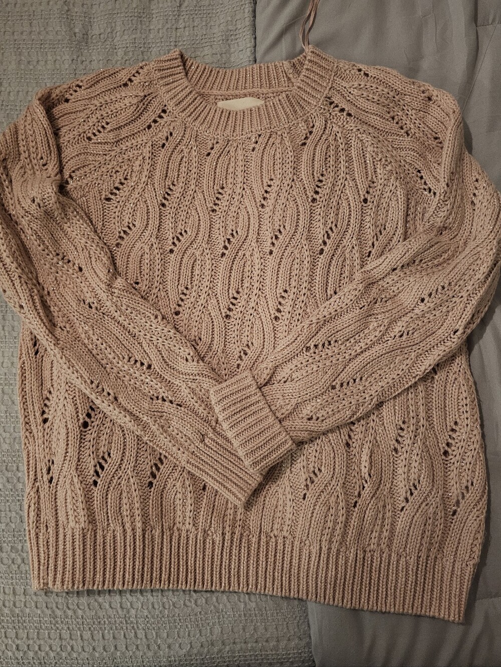 Textured Open-Knit Crewneck Sweater in Dusty Rose